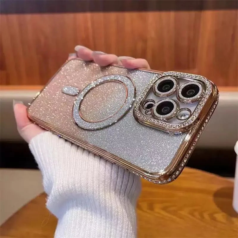 Rhinestone glitter magnetic phone case for Apple iPhone in black, pink, silver, blue, gold, and purple.