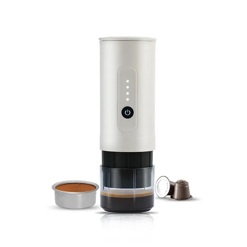 Handheld portable electric coffee machine in Jungle Green colour with car charger cable.