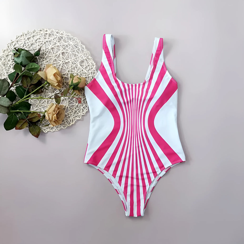 Pink striped women's one-piece swimsuit with front and back digital printing.