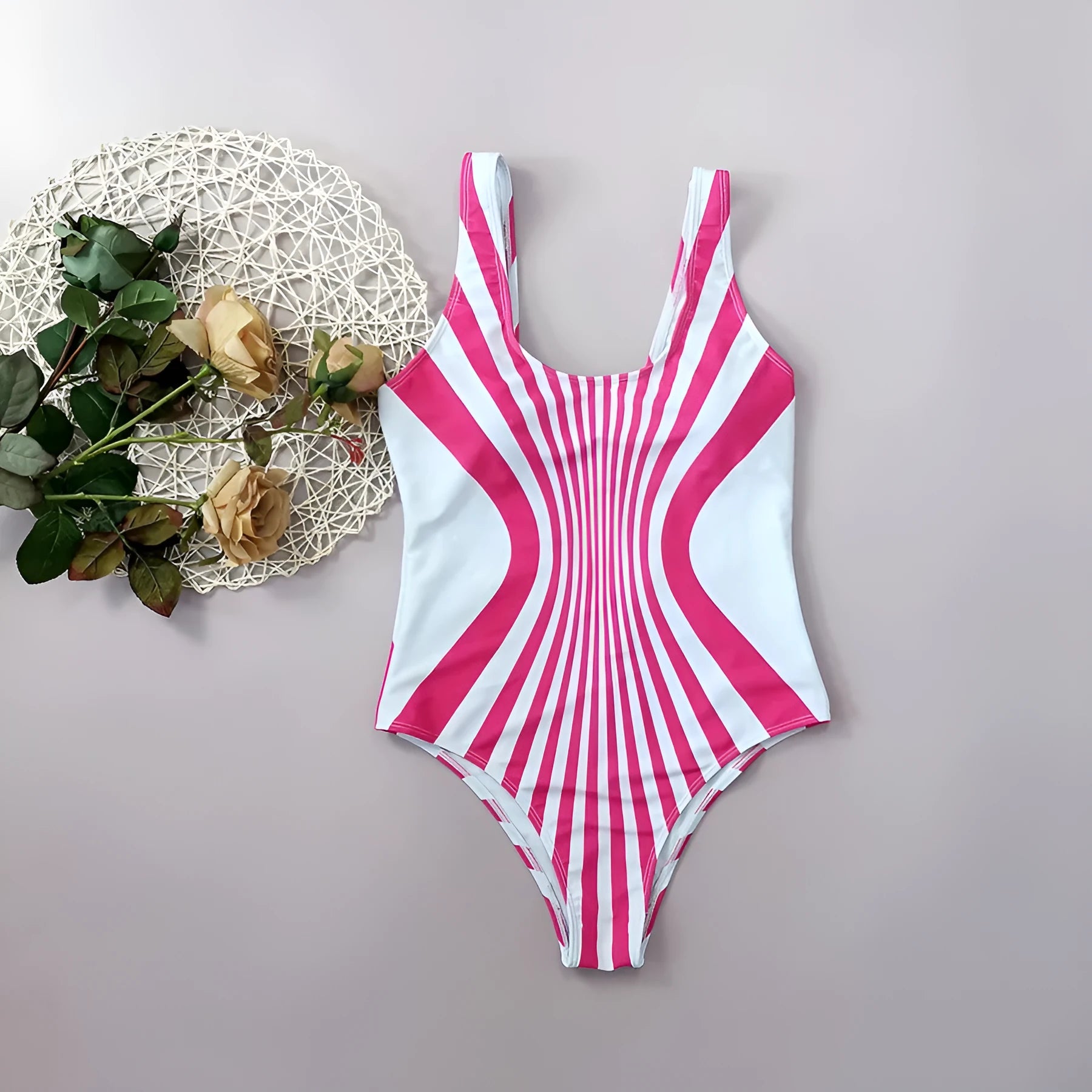 Pink striped women's one-piece swimsuit with front and back digital printing.