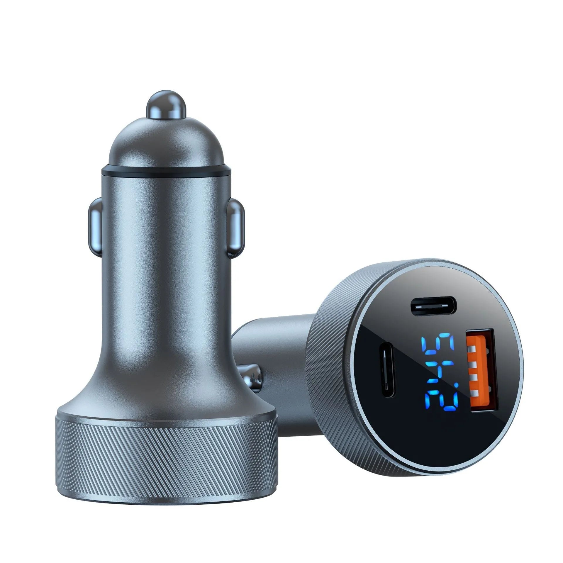 Black aluminium alloy car charger with digital display and three USB ports for vehicle charging