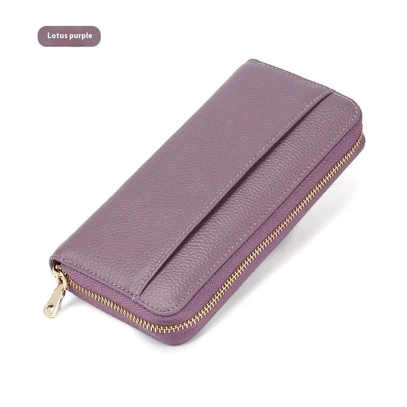 Women's long genuine leather wallet in six colour options showing storage compartments