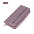 Women's long genuine leather wallet in six colour options showing storage compartments