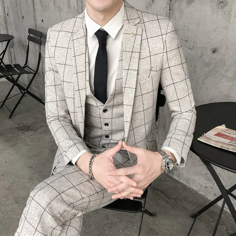 Men's slim fit three-piece suit in viscose blend, available in khaki, black, dark blue, grey, sizes M to XXXXL.