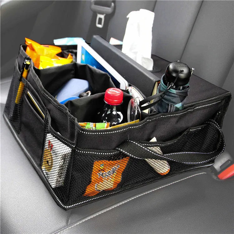 Black oxford cloth car boot storage box organiser measuring 33cm by 33cm by 16cm.