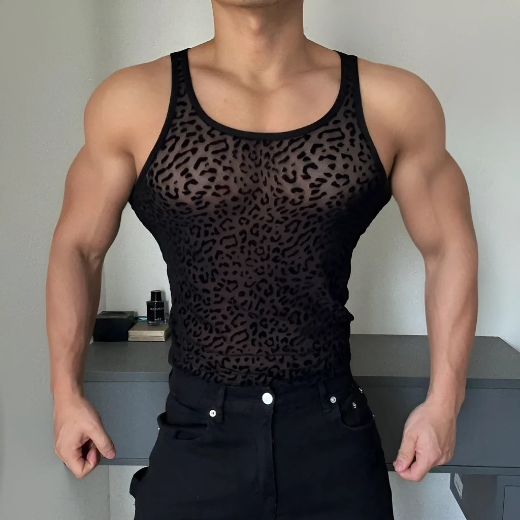 Leopard print cutout see-through black vest for men sleeveless t-shirt base layer