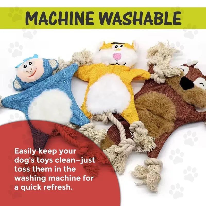 Set of six assorted plush squeaky dog toys in animal shapes including fox, koala, monkey, rabbit, squirrel, and tiger