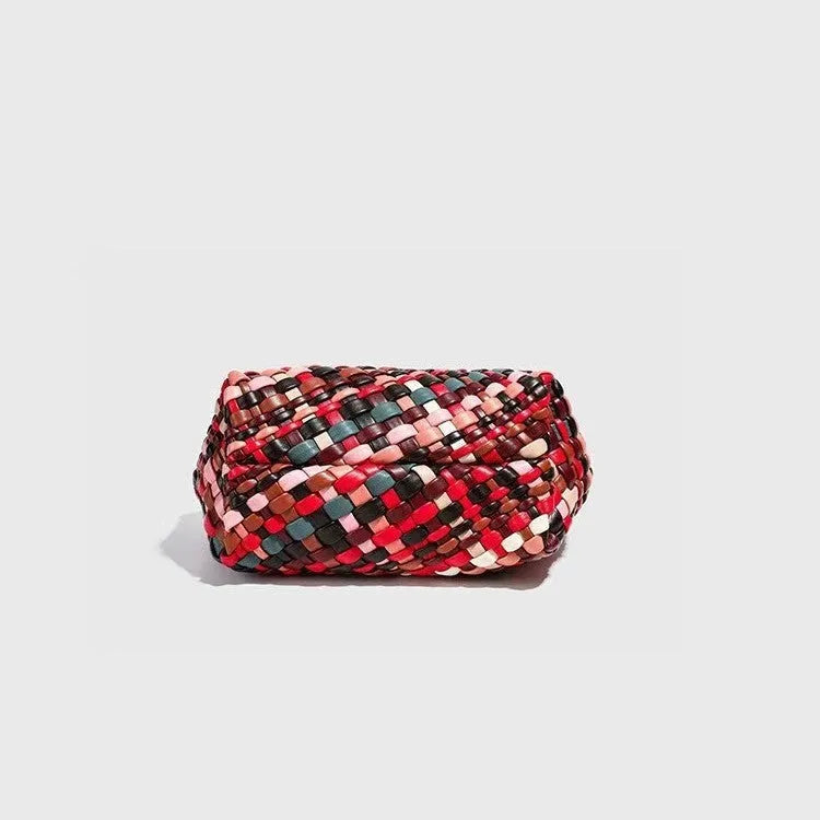 Women's woven shoulder bag with textured pattern in PU leather, showing 18×11×14cm dimensions