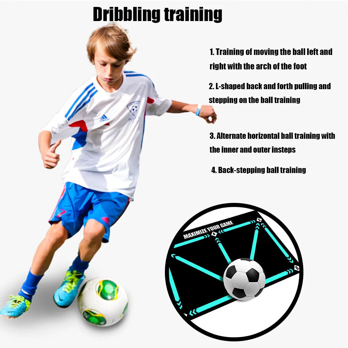 Black rectangular football training mat measuring 60 by 90 cm on a grass surface.