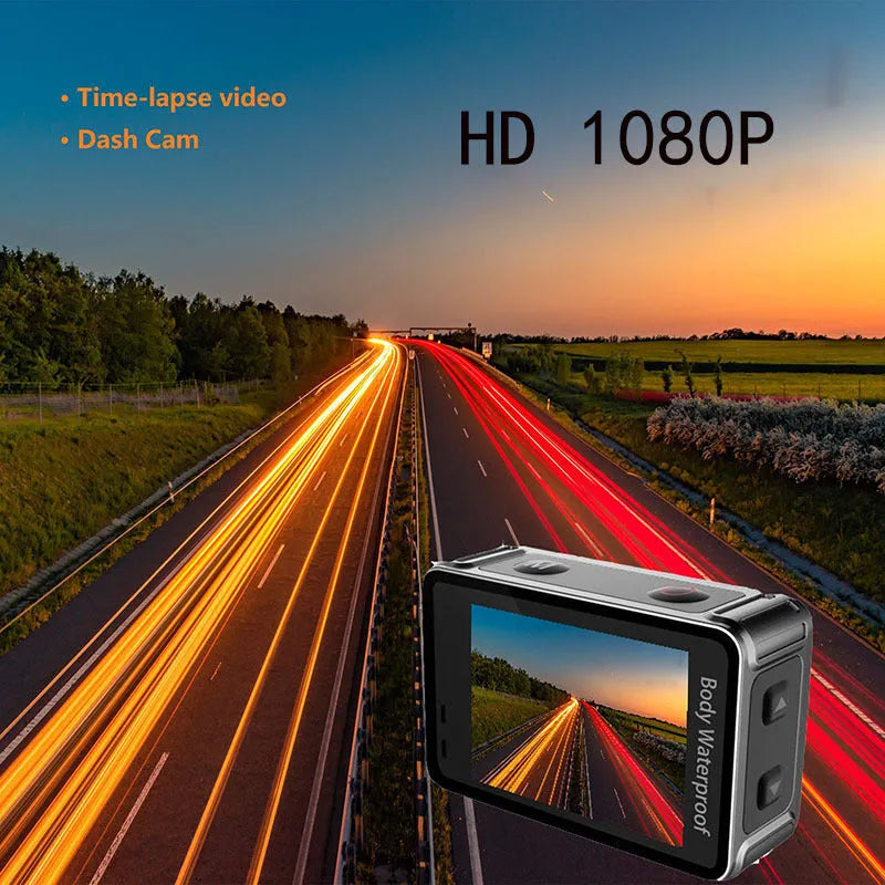 Black plastic outdoor sports action camera with wide-angle lens and touch screen