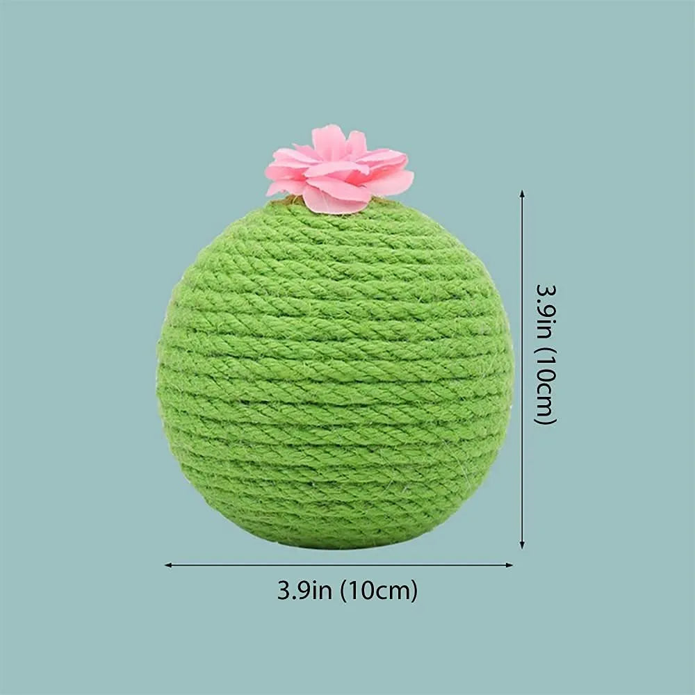 Green cactus-shaped cat scratcher with sisal post, catnip toys, and a tumbler ball on a stable base