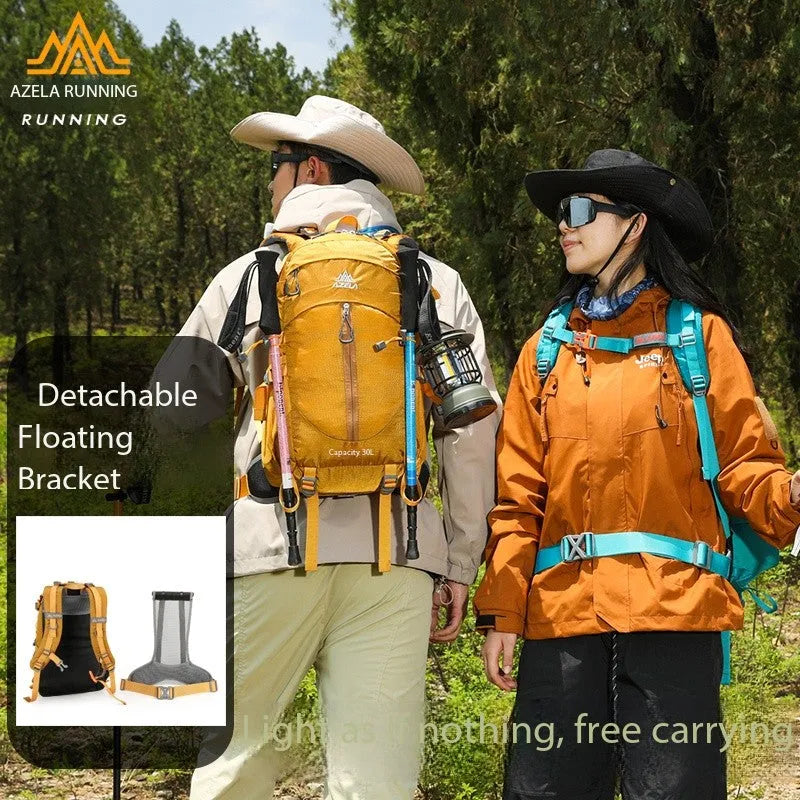 AZELA 30L outdoor hiking backpack with adjustable straps in black, blue, grey, purple, sunset red or yellow