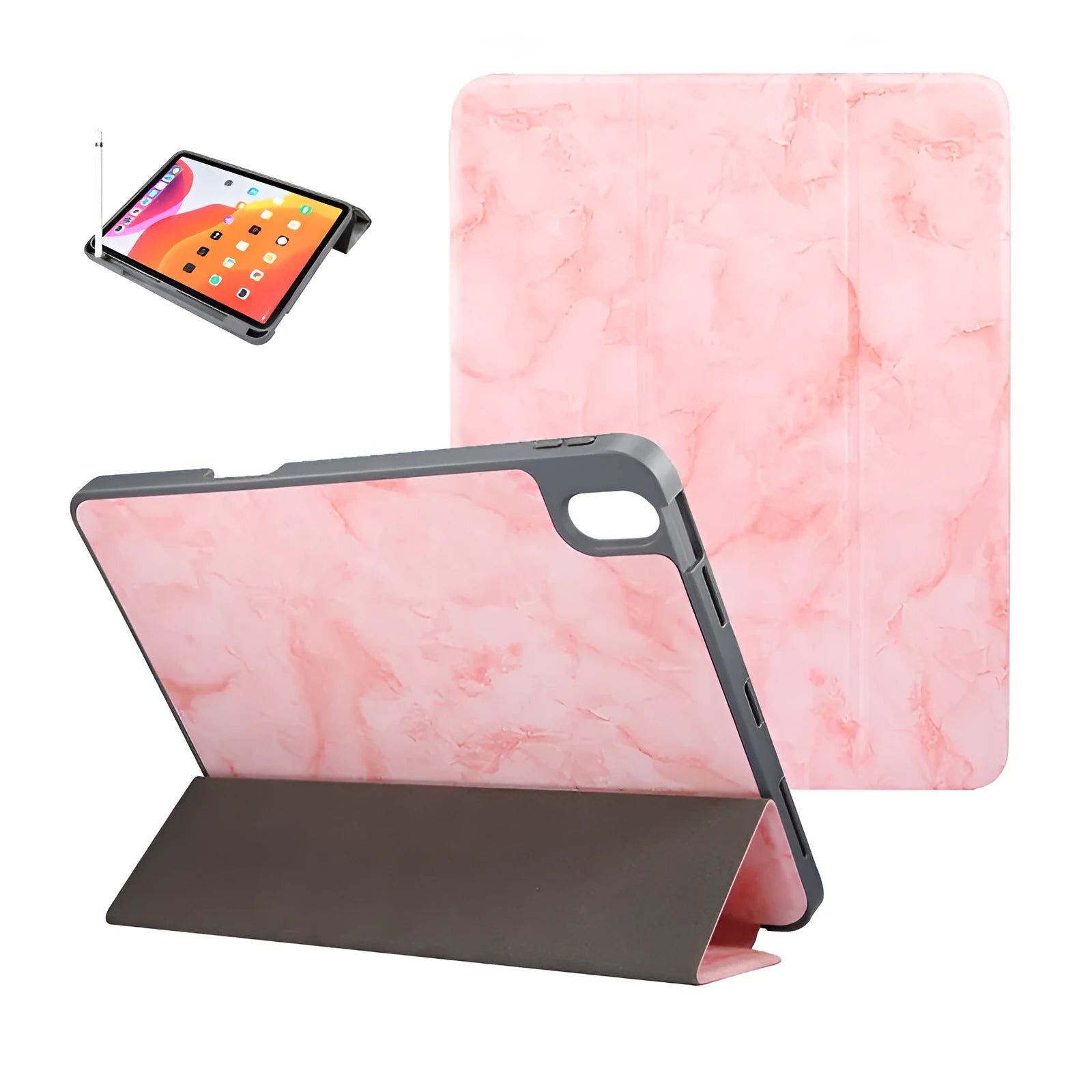 iPad leather case with 9 tri-fold marbling pattern and pen slot in dark gray, creamy-white, purple, blue, or pink