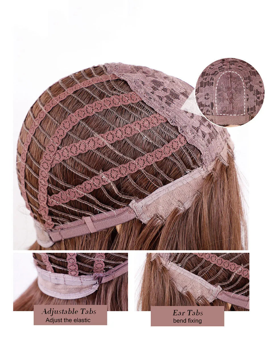 Medium brown gradient blonde women's long curly hair wig 75cm length with medium bangs