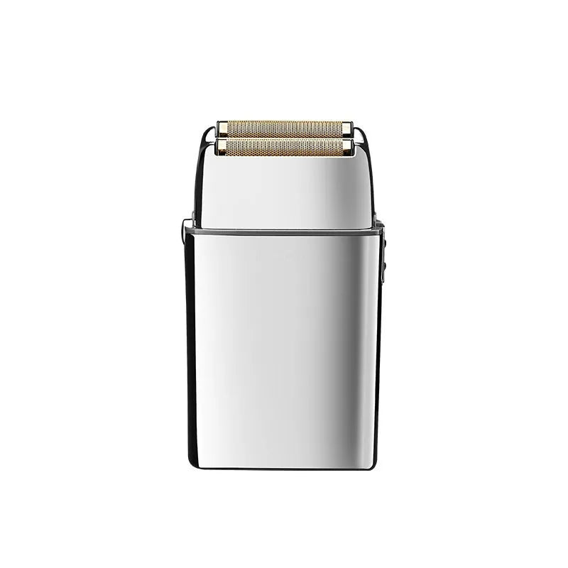 Silver USB rechargeable electric reciprocating shaver with cleaning brush and USB cable