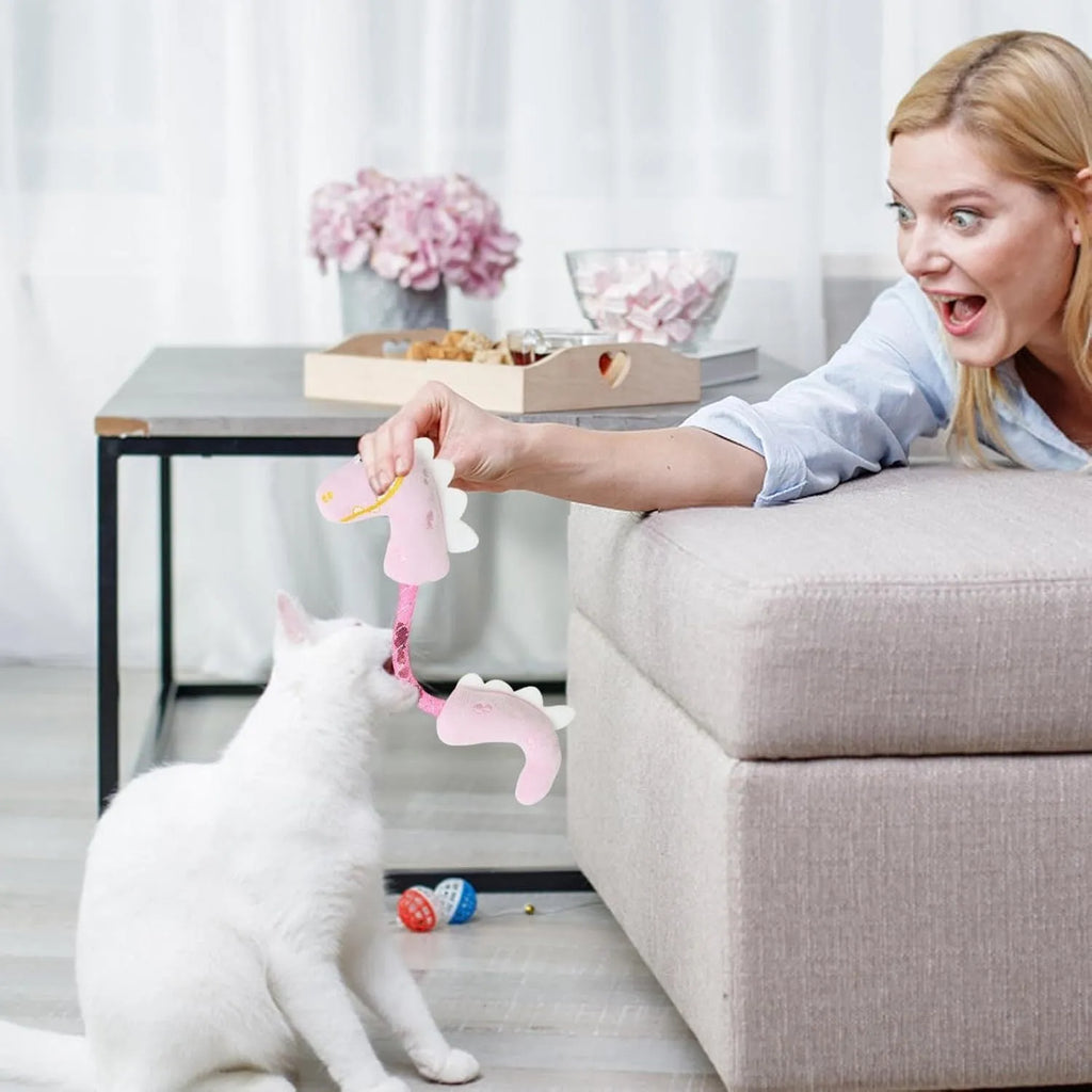 Bundle of four cat toys including chew toys, rope toys with springs, and kicker toys for indoor cats