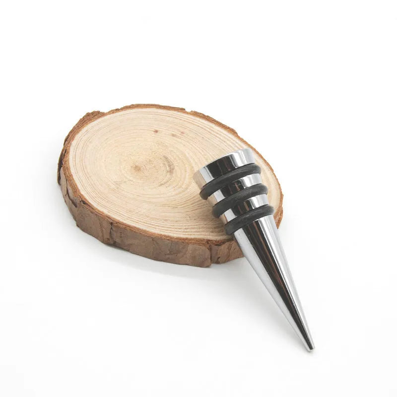 Silver zinc alloy wine bottle stopper with M8 M10 threaded base and silicone seal.