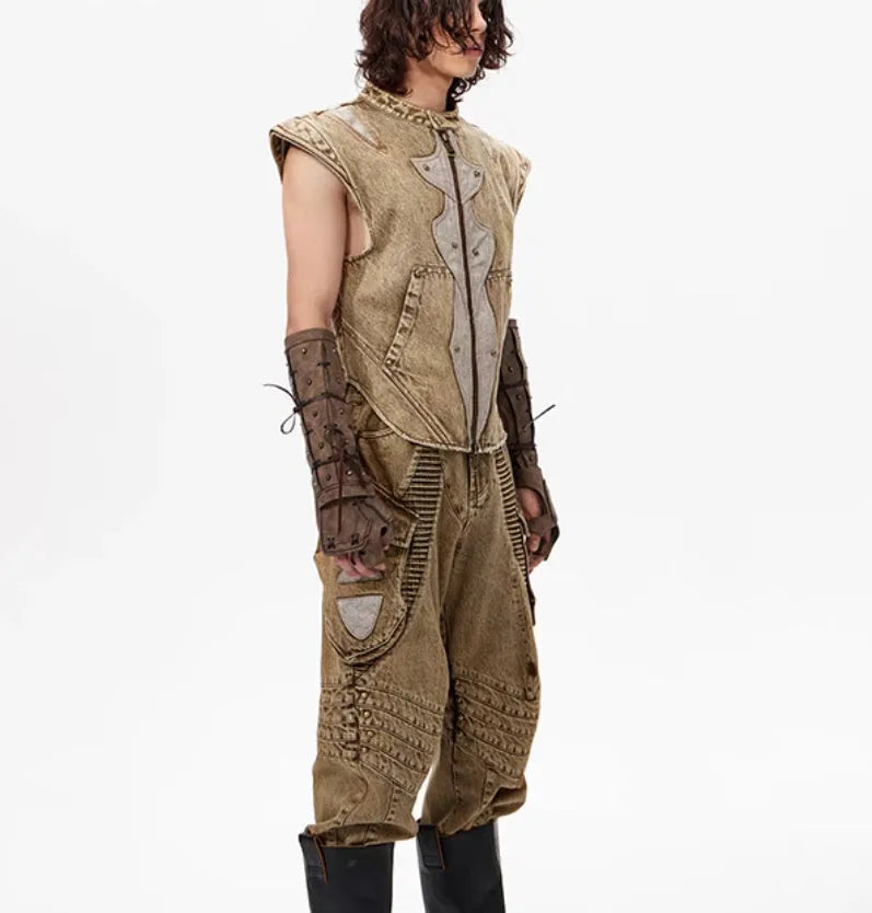 Men's denim pleated vest in picture colour with Korean style detailing and cotton construction