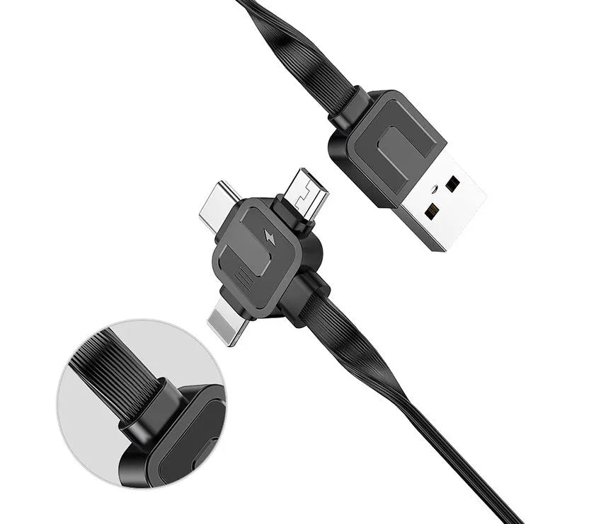 Telescopic three-in-one charging cable extended to 1 metre showing USB-C, Micro USB, and Lightning connectors