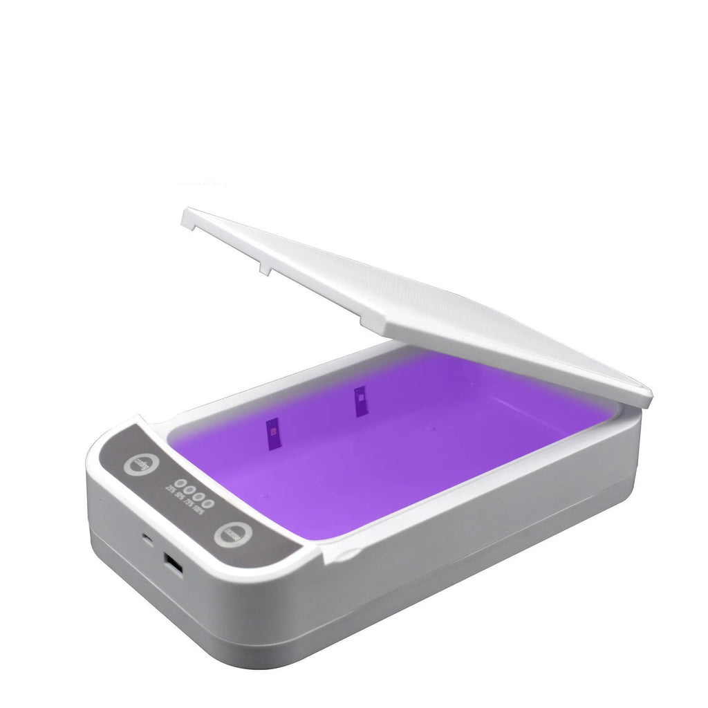 UV disinfection box open, showing internal chamber sized for a mobile phone.