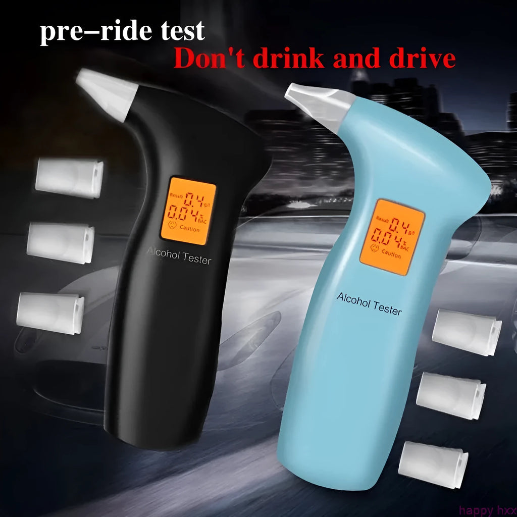 Handheld portable breath alcohol tester with orange light display and disposable mouthpieces.