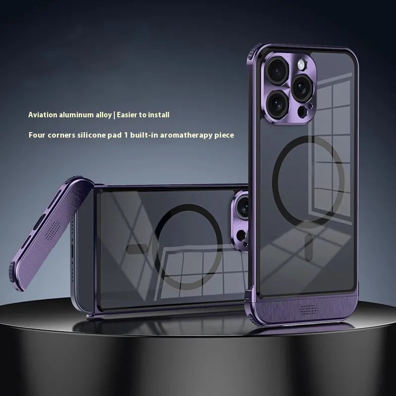 Metal frame iPhone case with magnetic ring holder in Black, Dark Purple, Sea Blue, or Silver for iPhone 12 to 15 Pro Max