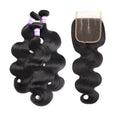 Brazilian human hair bundles with closure: 4 straight bundles in 10, 12, 14, 16 inches natural black