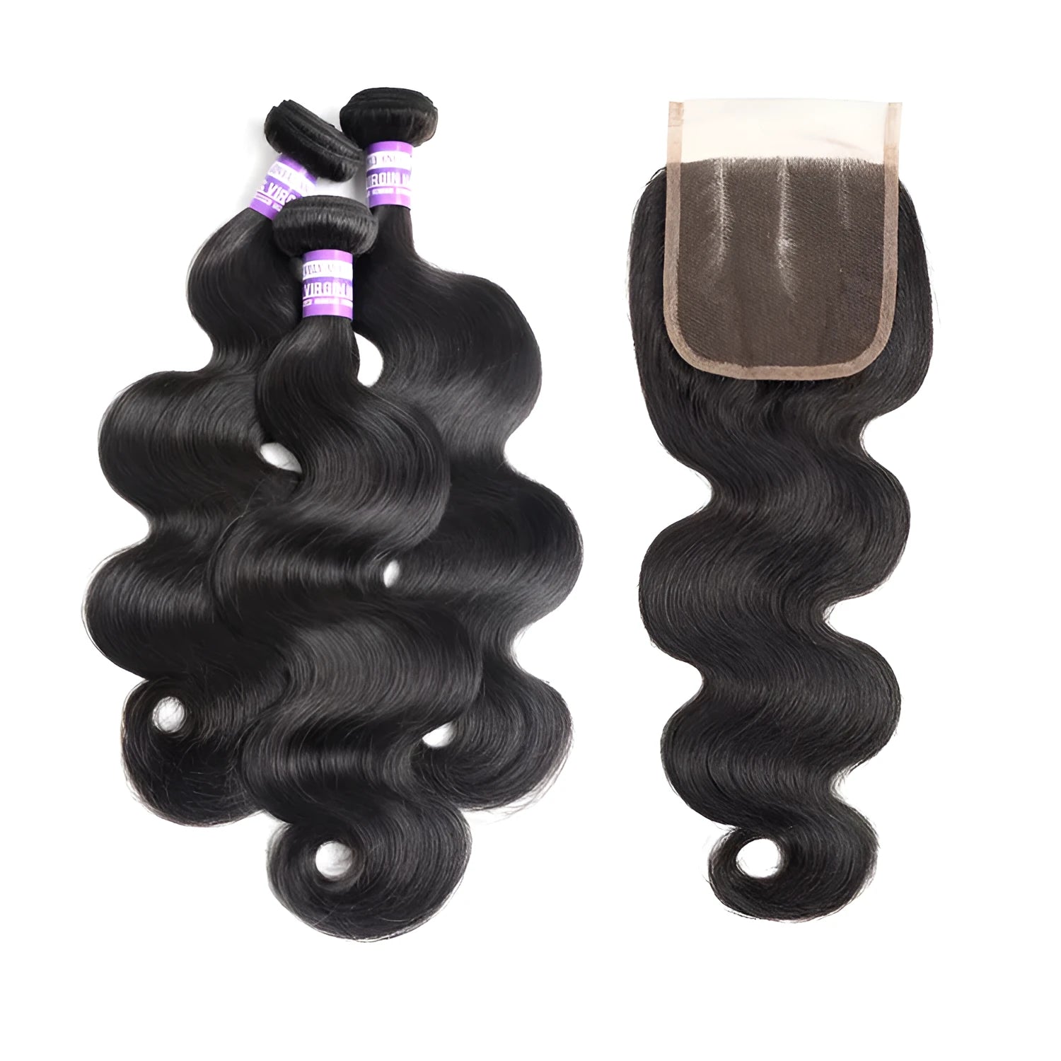 Brazilian human hair bundles with closure: 4 straight bundles in 10, 12, 14, 16 inches natural black