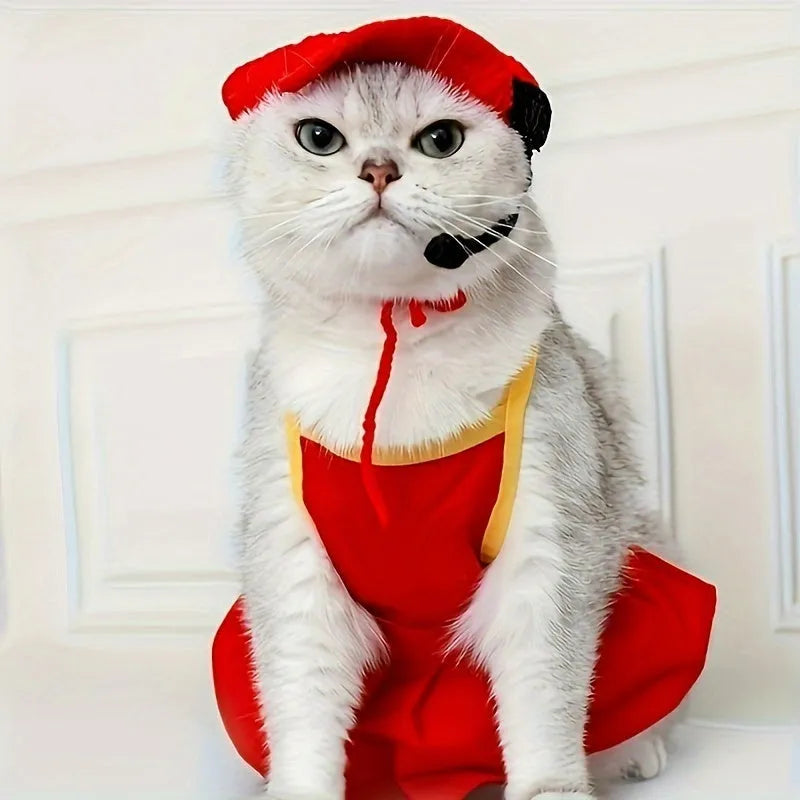 Handmade white chef hat with red trim and matching cotton knitted sweater for small to medium cats and dogs