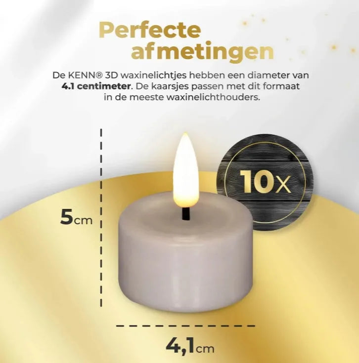 Four taupe LED tealight candles with realistic 3D flame effect on dark surface