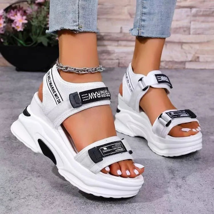 White women's summer wedge sandals with platform, fish mouth toe, and Velcro closure