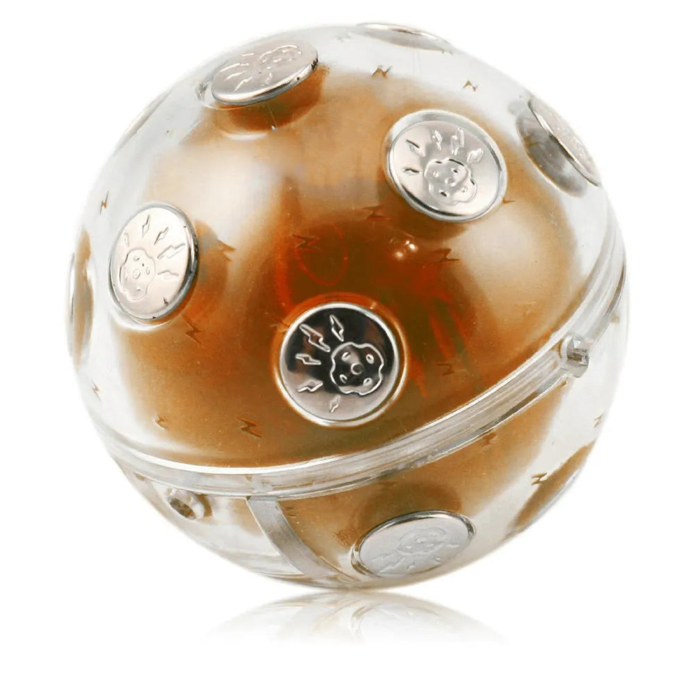 Gold electric shocking ball toy with red and blue LED light, plastic and electronic construction, 2 AAA batteries