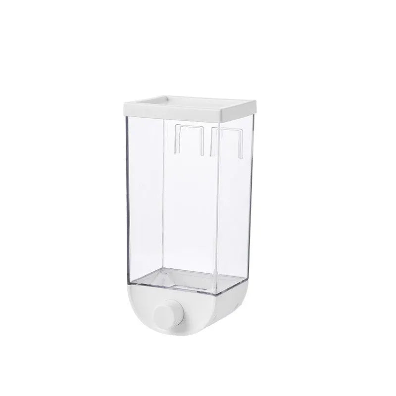 White wall-mounted transparent food storage box cereal dispenser on kitchen wall