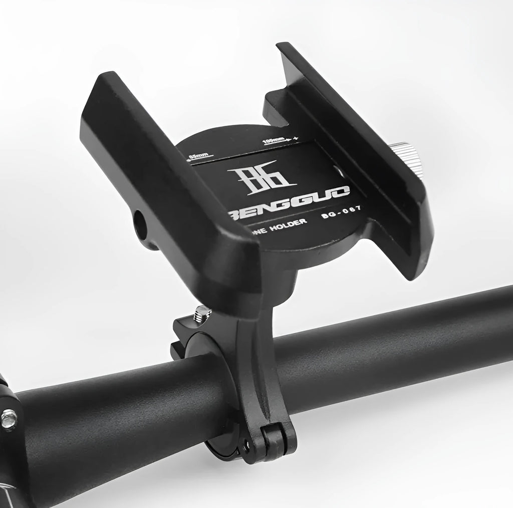 Black aluminium alloy bicycle phone holder mounted on a handlebar with a mobile phone secured inside.
