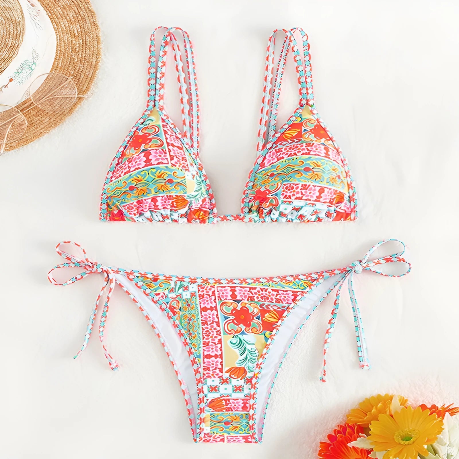 Women's European style lace-up split swimsuit bikini set with backless design