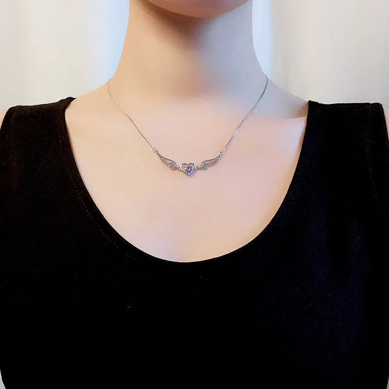 925 sterling silver angel wings pendant necklace with purple crystal heart on 45cm link chain