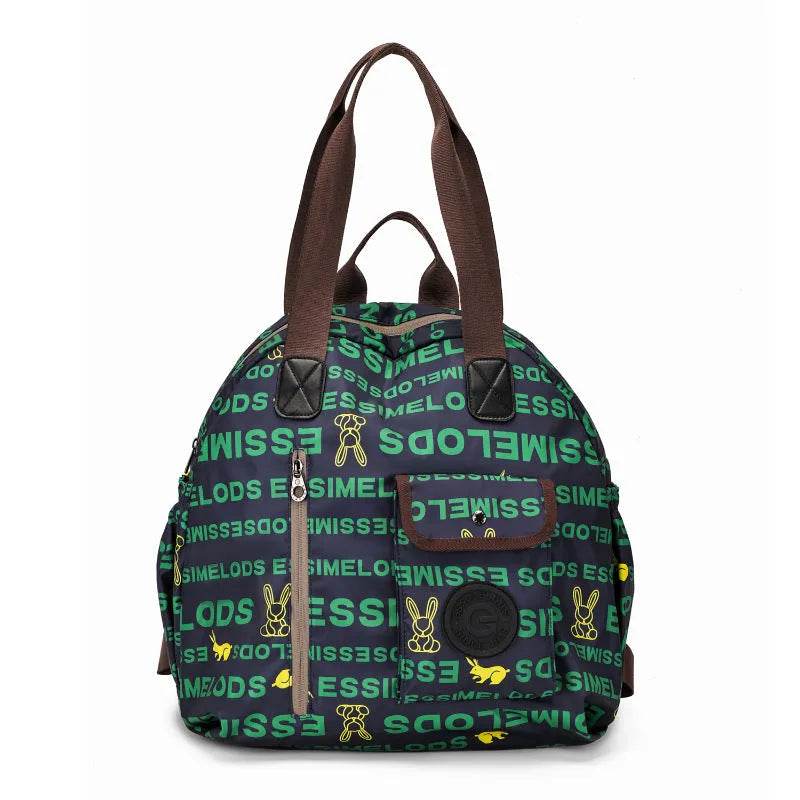 Nylon women's backpack in black, khaki, or green letter rabbit, showing sandwich pocket and large 48cm height.