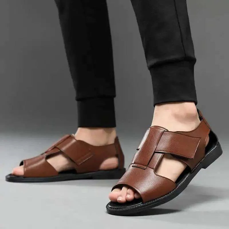 Men's black and brown leather casual sandals with open-toe design and rubber soles