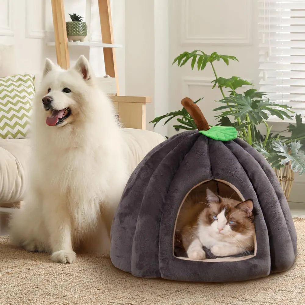Orange pumpkin-shaped cat cave bed with plush entry hole on a wooden floor