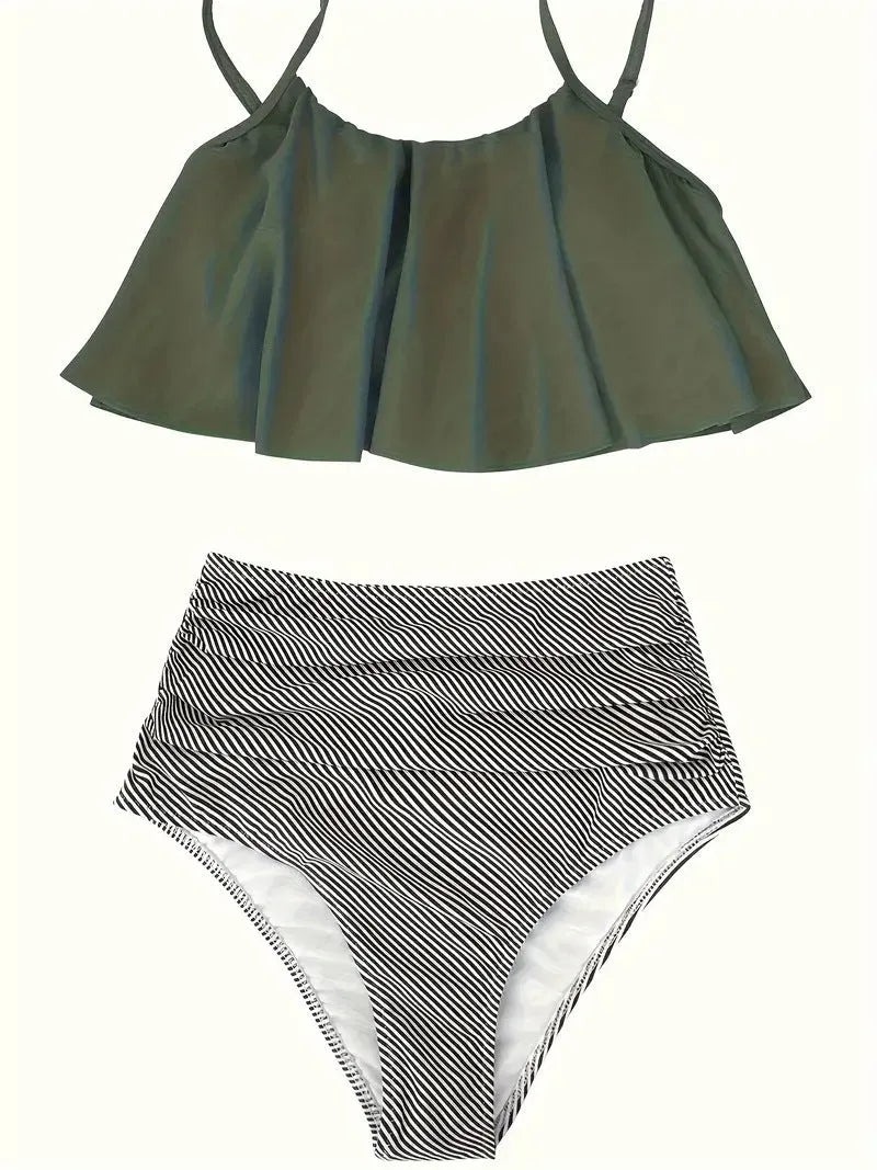 Women's ruffled high-waisted swimsuit in polyester fabric with backless design