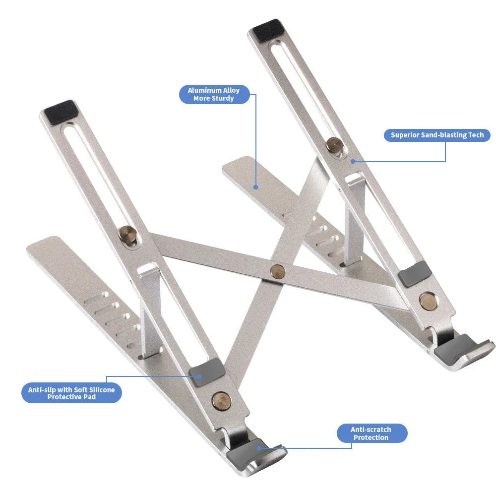 Silver aluminium laptop stand with six adjustable gear positions shown folded