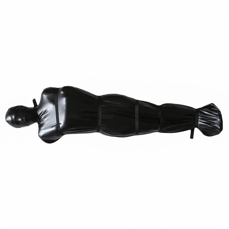 Black patent leather bondage set with body wrap and six ratchet tie-down straps