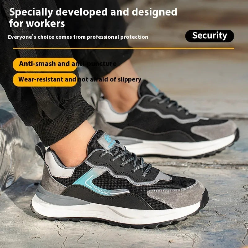 Men's low-top work shoes with suede and mesh upper, plastic steel toe cap, and PU sole.