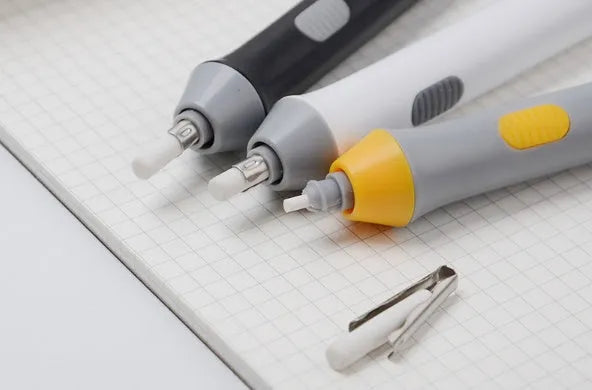 Electric eraser for office supplies, plastic geometry modelling tool 166x15mm, black colour, with visible power button