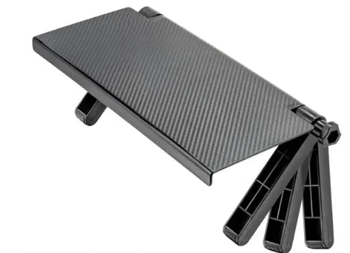 Black adjustable 13-inch screen top shelf for monitor or TV with TV box, router and remote on top.