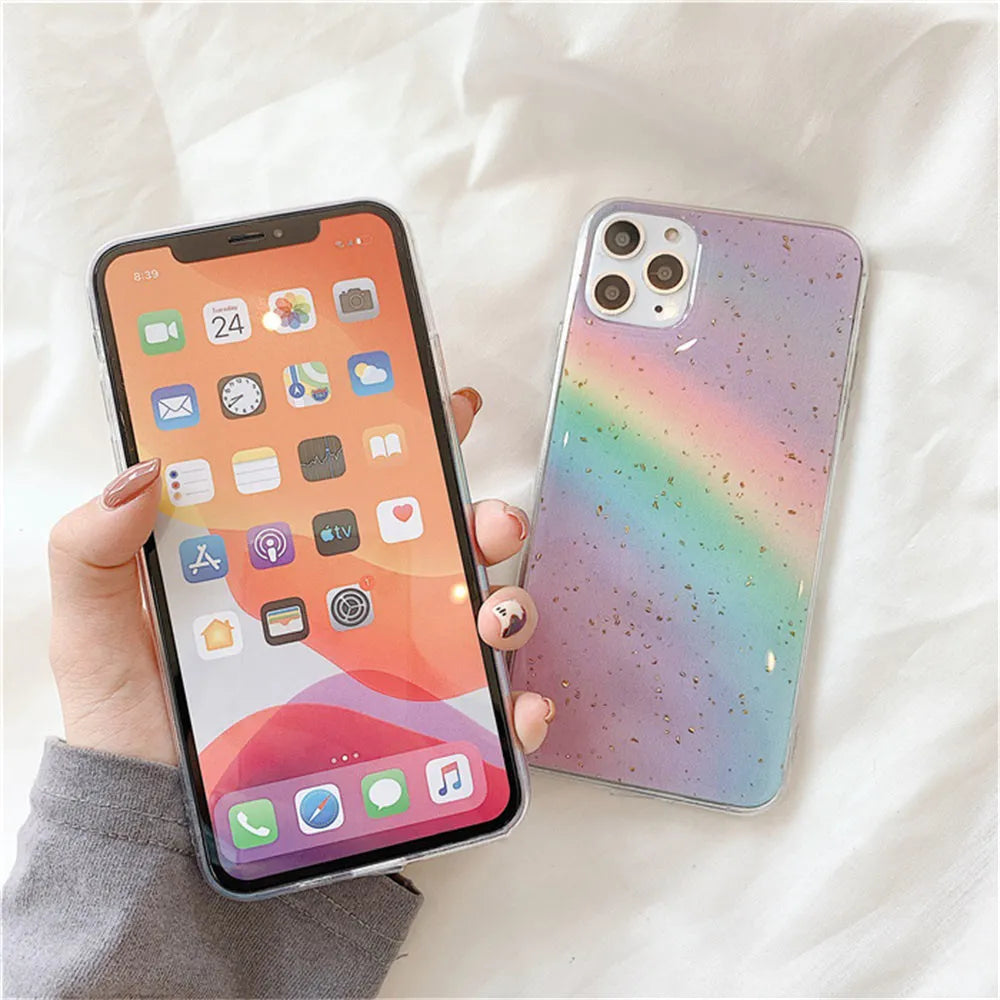 Rainbow gradient iPhone case with striped design on TPU protective shell