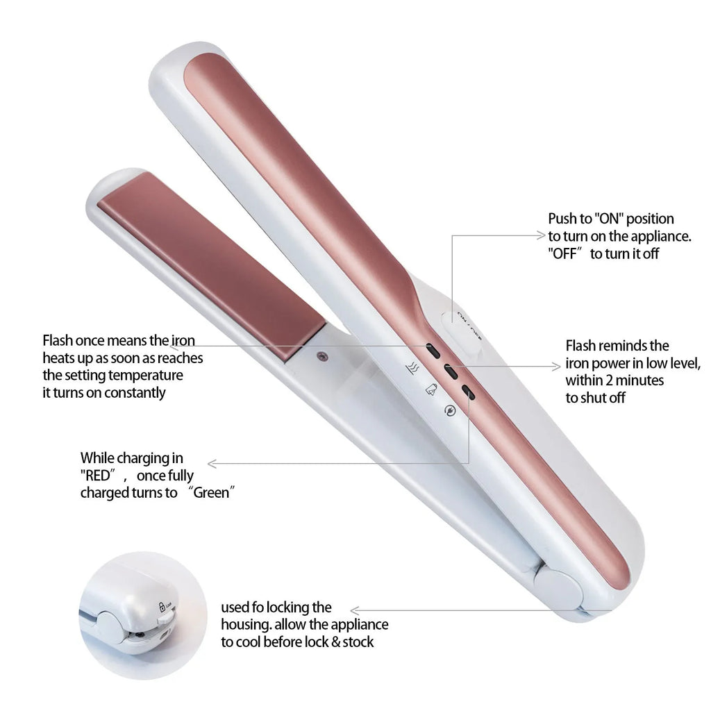 USB wireless hair straightener with tourmaline ceramic 15mm plates, black colour, cordless design on white background