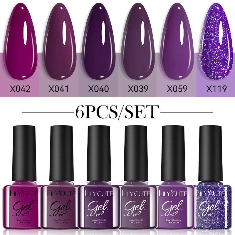 UV gel nail polish set showing 20 solid colour bottles including nude, glitter and sequin finishes