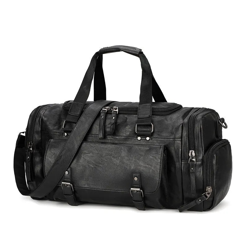 Black large capacity travel shoe storage bag with PU exterior, shown with dimensions 52cm wide by 27cm high.