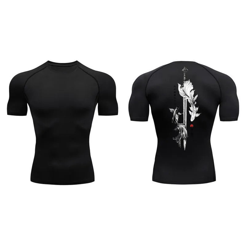 Men's loose short sleeve compression shirt with sword print design in multiple colour options
